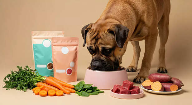 Dog enjoying healthy meal with fresh ingredients