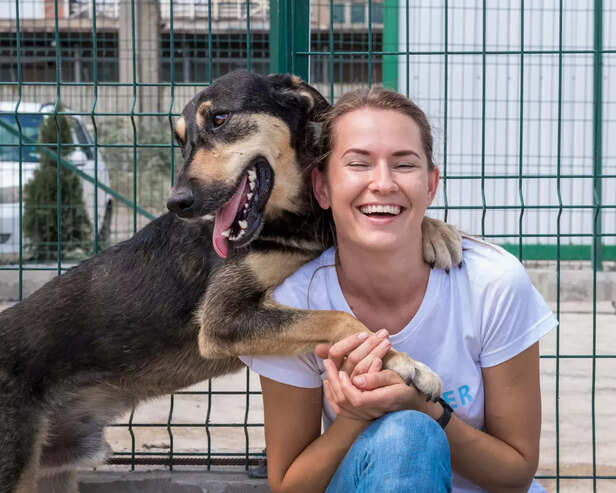 Happy Shelter Dog Hugging Volunteer During Adoption Day